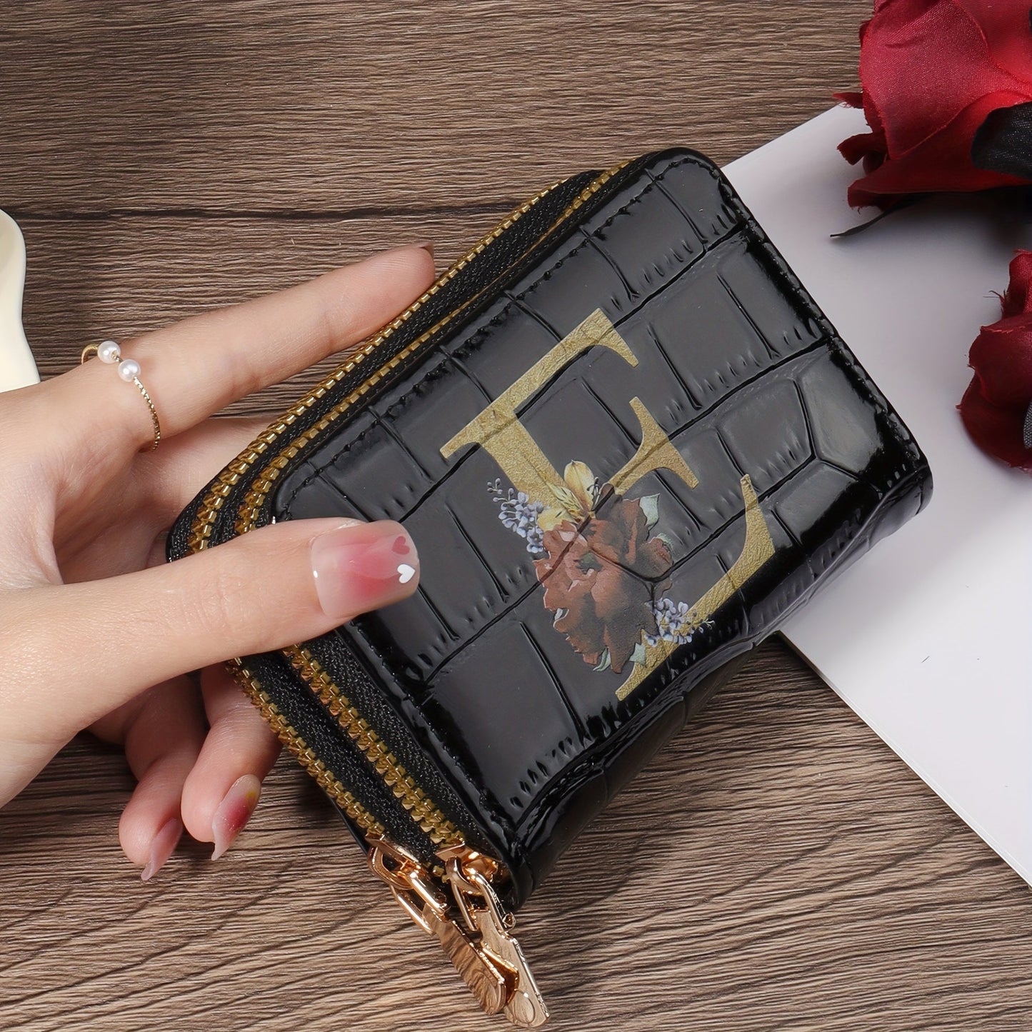 Floral Letter Pattern Credit Card Holder Small Business Card Case For Women Or Men Accordion Wallet With Zipper