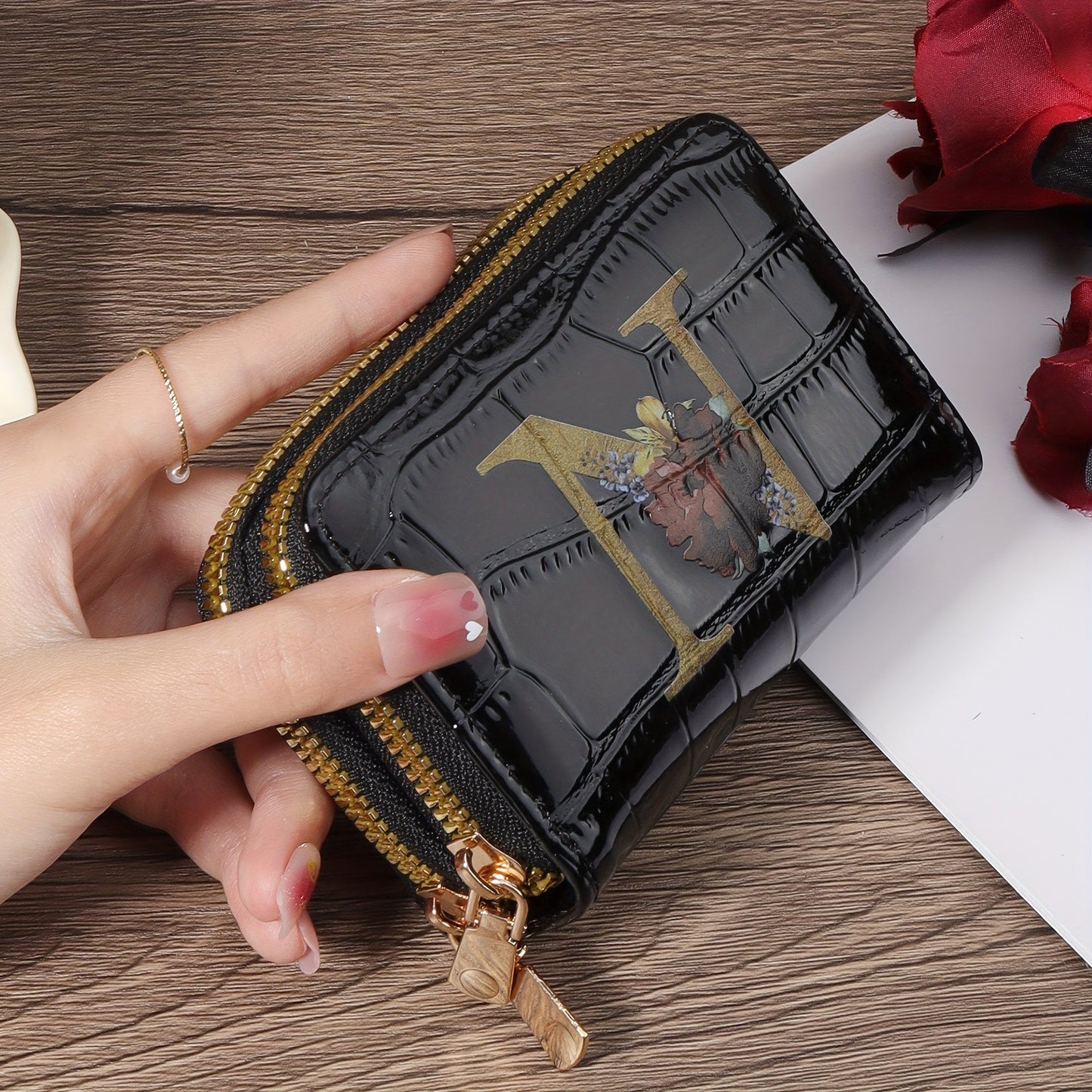 Floral Letter Pattern Credit Card Holder Small Business Card Case For Women Or Men Accordion Wallet With Zipper