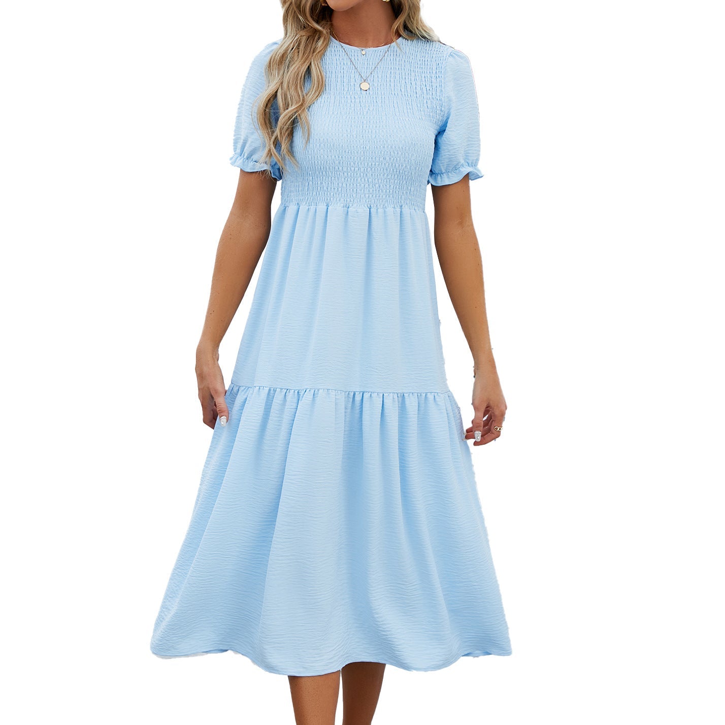 Summer Round Neck Pleating Puff Sleeve Short Sleeve Elegant Dress