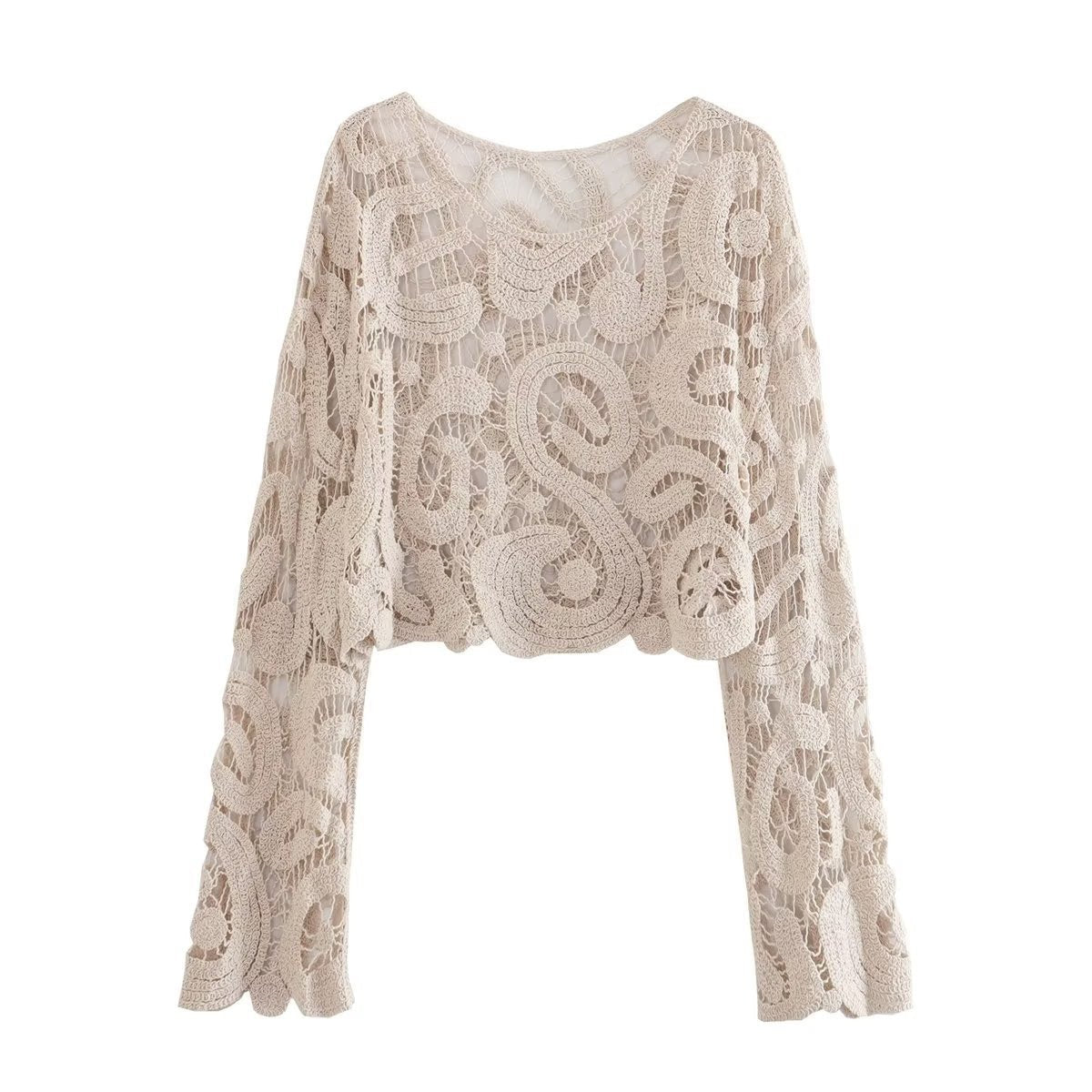 Retro Crocheted Simple Bandage Dress O-neck Short Loose Bell Sleeve Pullover Woven Top