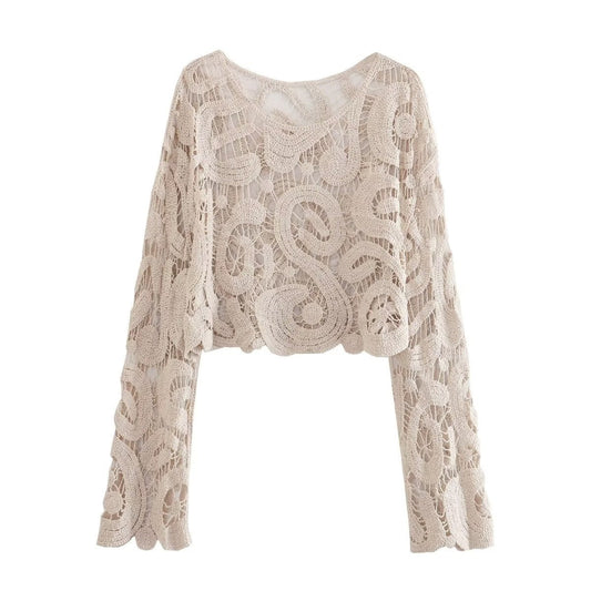 Retro Crocheted Simple Bandage Dress O-neck Short Loose Bell Sleeve Pullover Woven Top