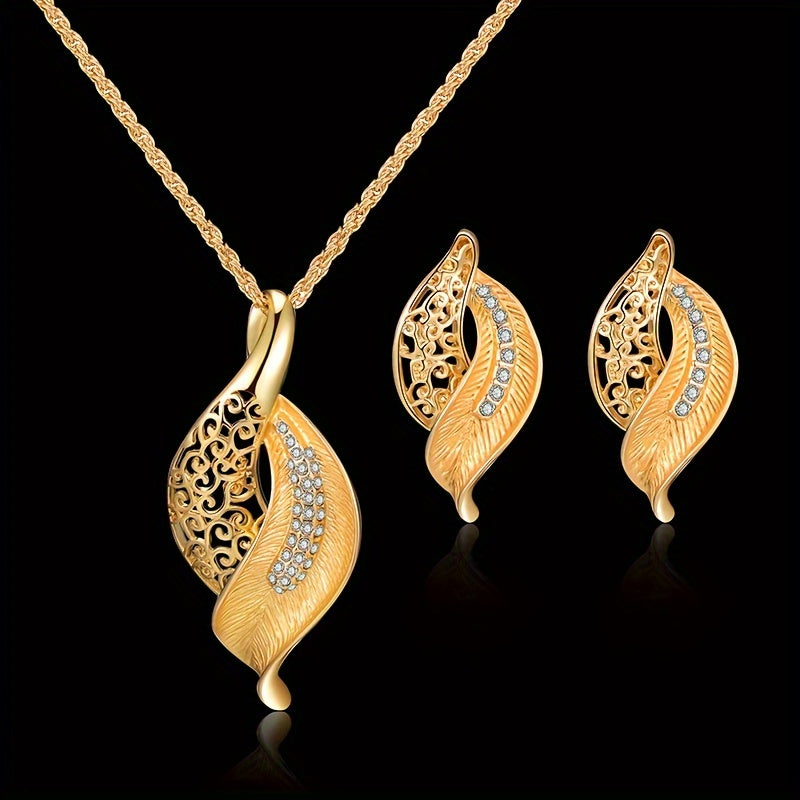 Hollow Out Leaf Shaped Rhinestone Necklace Earrings Jewelry Set For Men, Ideal choice for Gifts