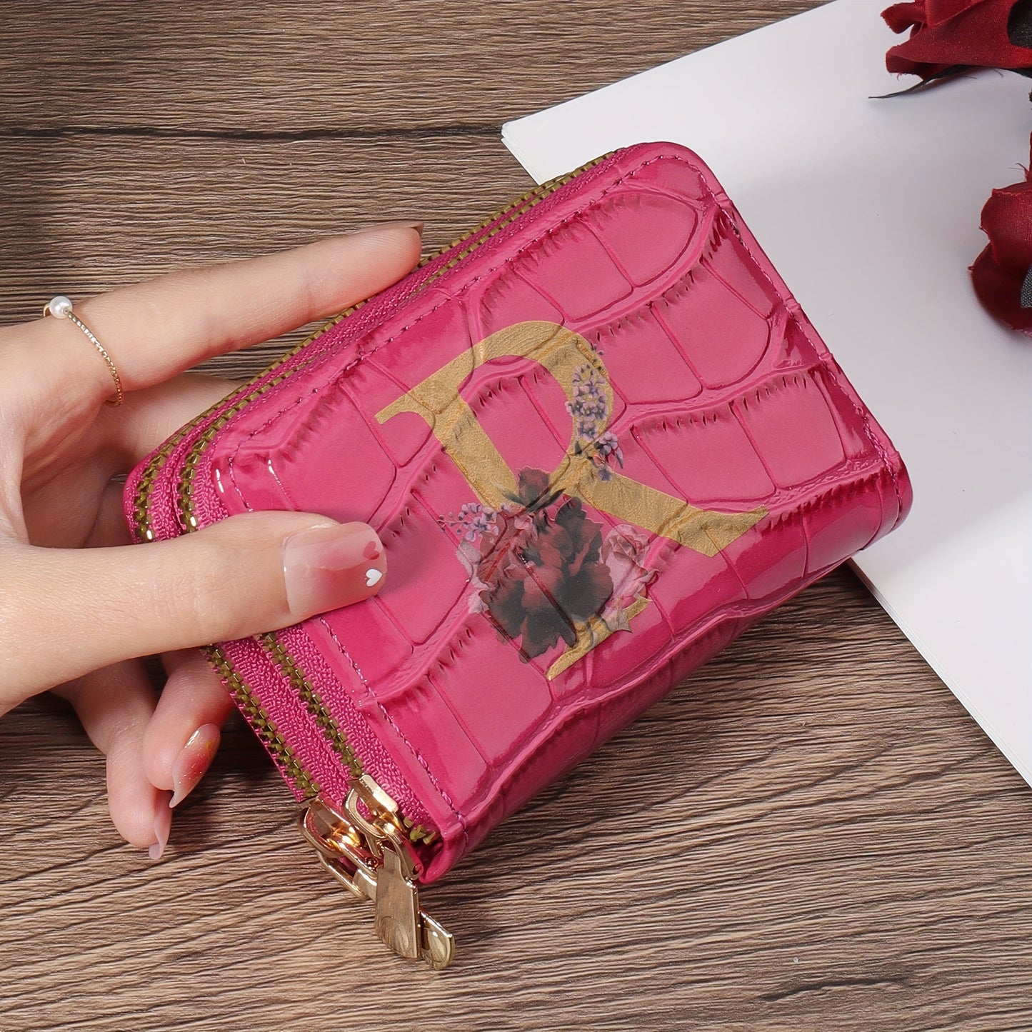 Floral Letter Pattern Credit Card Holder Small Business Card Case For Women Or Men Accordion Wallet With Zipper