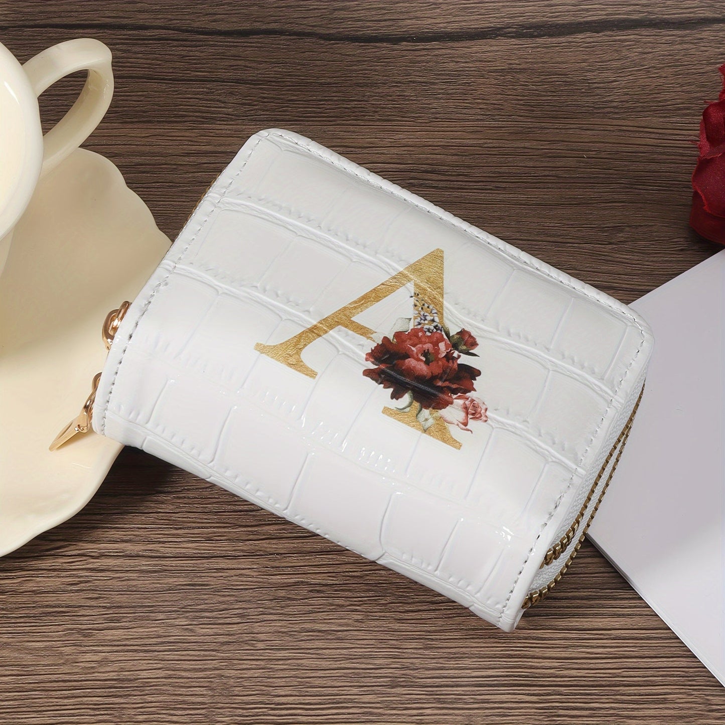 Floral Letter Pattern Credit Card Holder Small Business Card Case For Women Or Men Accordion Wallet With Zipper