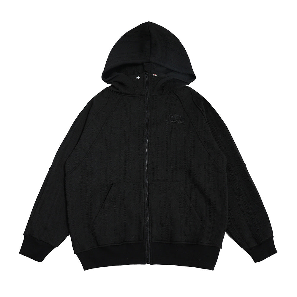 Casual Loose Solid Color Embossed Three-dimensional Pattern Zipper Cardigan Sweater