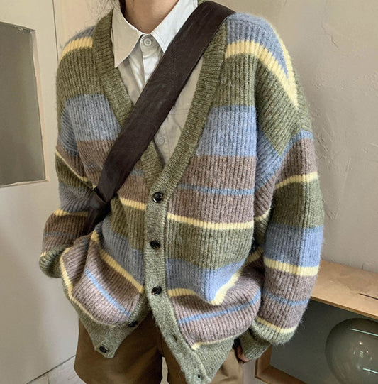 V-neck Japanese Lazy Style Retro Striped Sweater Coat Women