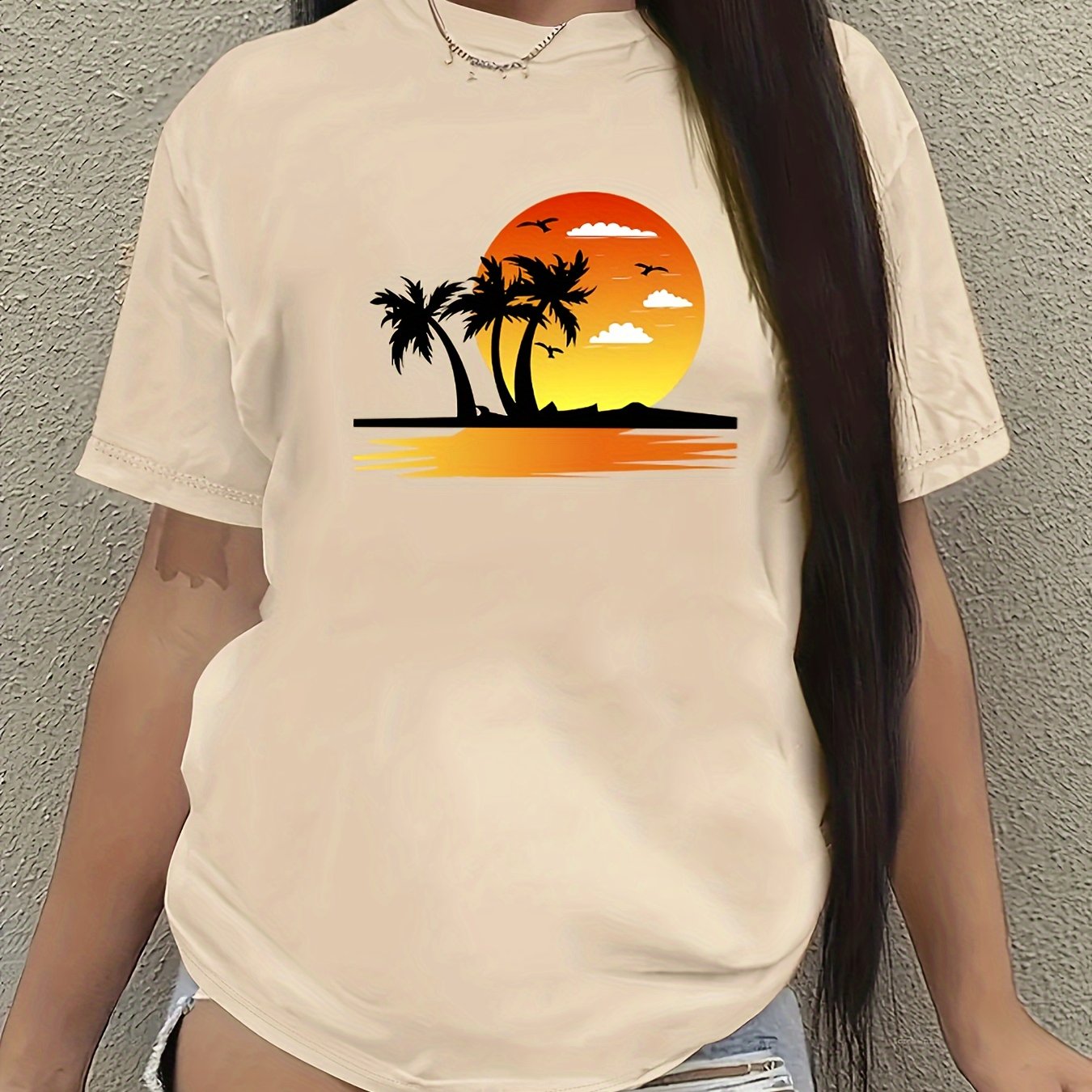 Beach Sunset Print Crew Neck T-shirt, Casual Short Sleeve Top For Spring & Summer, Women's Clothing