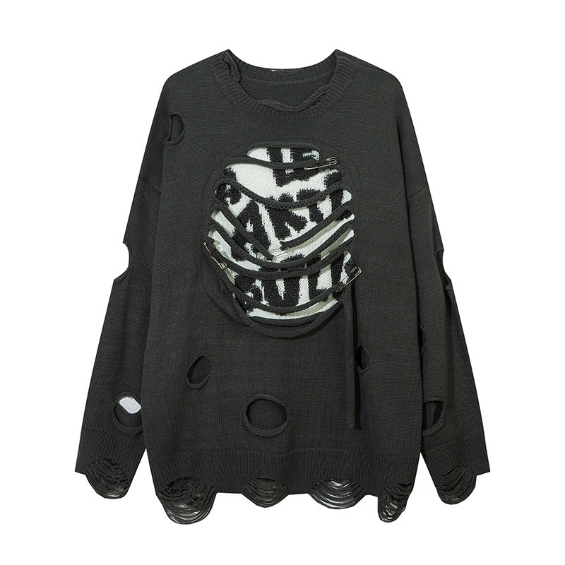 Heavy Industry Ripped Hollow-out Round Neck Sweater Bf Idle Style