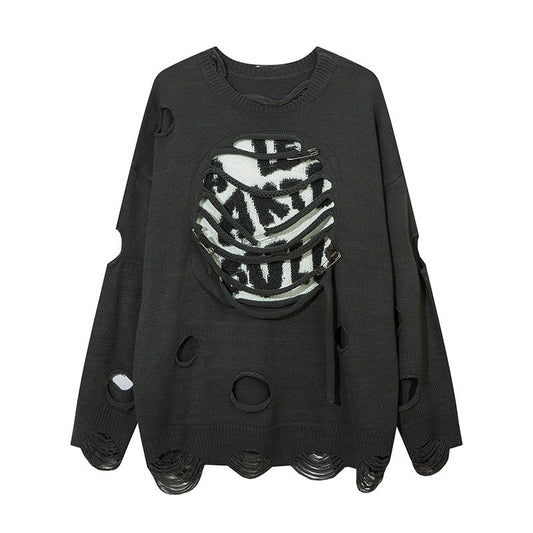 Heavy Industry Ripped Hollow-out Round Neck Sweater Bf Idle Style