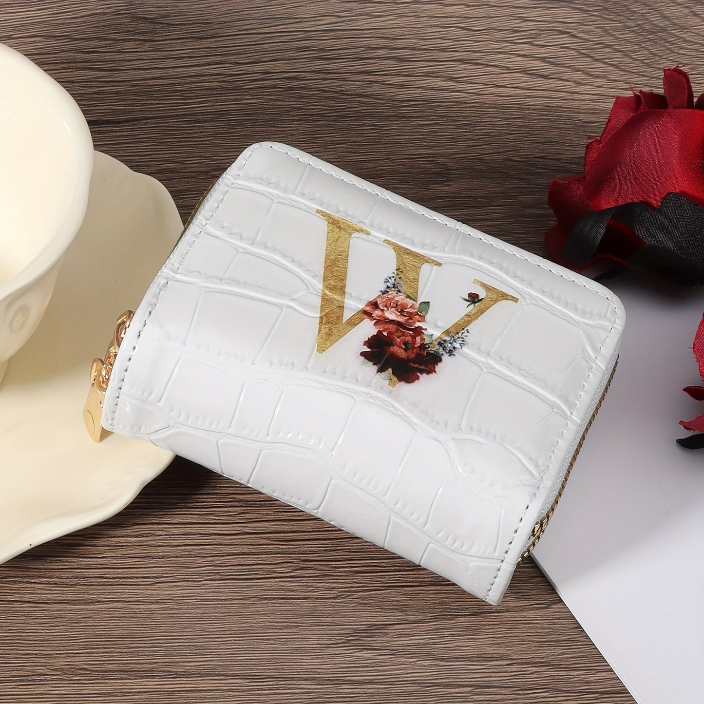 Floral Letter Pattern Credit Card Holder Small Business Card Case For Women Or Men Accordion Wallet With Zipper
