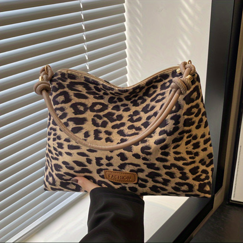 Faux Leather Leopard Print Tote Bag with Wrist Strap, Zipper Closure, Polyester Lining - Trendy Shoulder Handbag for Women