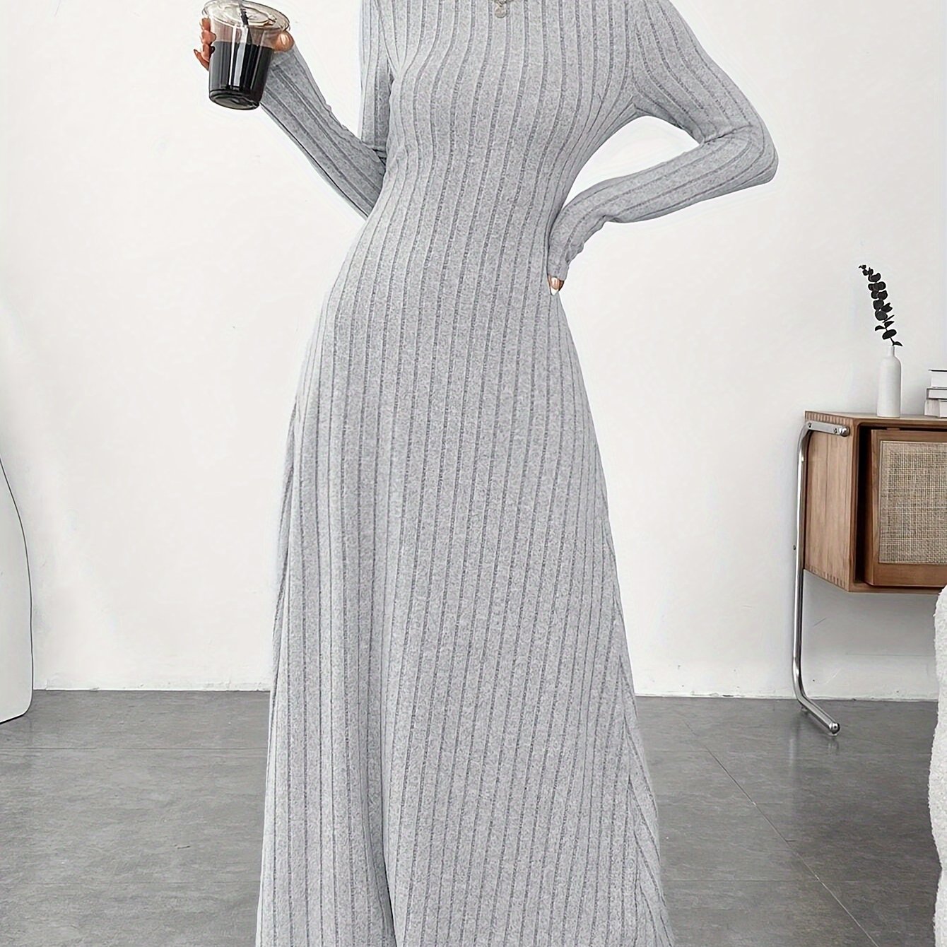 Solid Color Turtle Neck Ribbed Dress, Elegant Long Sleeve Flared Maxi Dress For Spring & Fall, Women's Clothing