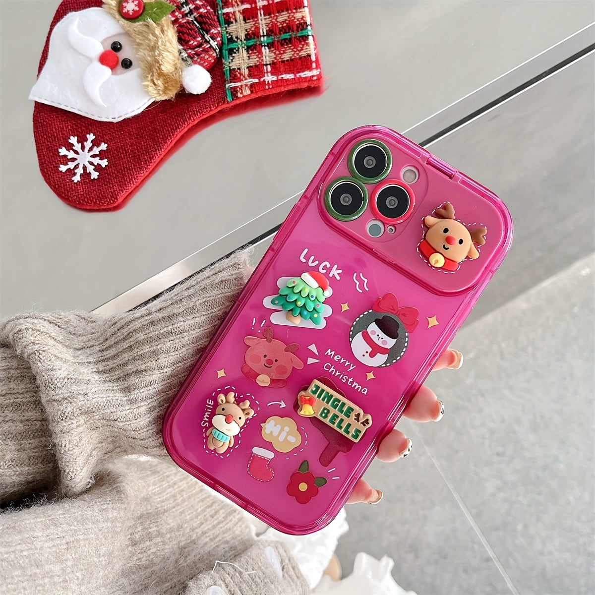 Cute Cartoon Christmas Elk Makeup Mirror Phone Case Compatible with Iphone 16 15 14 13 12 11 Pro Max Santa Claus Tree Soft Shockproof Cover