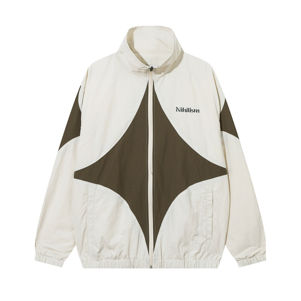 American Style Cross Stitching Contrast Color Casual Coat