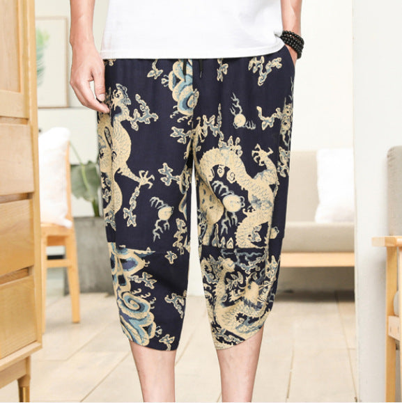 Men's Cropped Tapered Cotton Linen Harem Ethnic Floral Pants