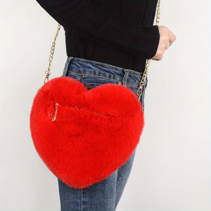 1pc Fashion Heart-Shaped Plush Crossbody Bag for Women, Cute Chain Shoulder Handbag with Zip Closure, Soft Faux Fur Coin Purse, Cotton Lined, Synthetic Material, Versatile for All Occasions