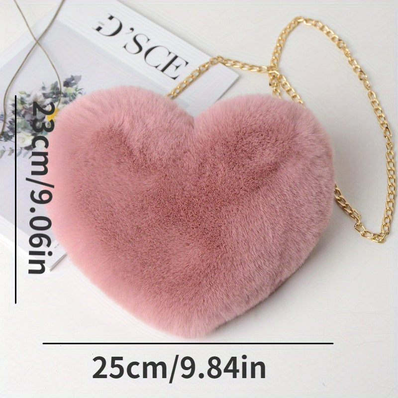 1pc Fashion Heart-Shaped Plush Crossbody Bag for Women, Cute Chain Shoulder Handbag with Zip Closure, Soft Faux Fur Coin Purse, Cotton Lined, Synthetic Material, Versatile for All Occasions