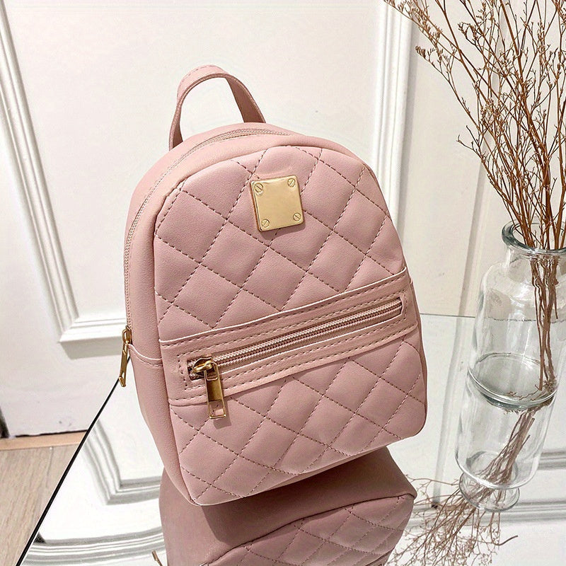 Fashion Lingge Quilted Women's Backpack - Elegant Faux Leather Mini Backpack with Polyester Lining and Zipper Closure for Girls, Available in White, Black, Pink, and Dark Brown