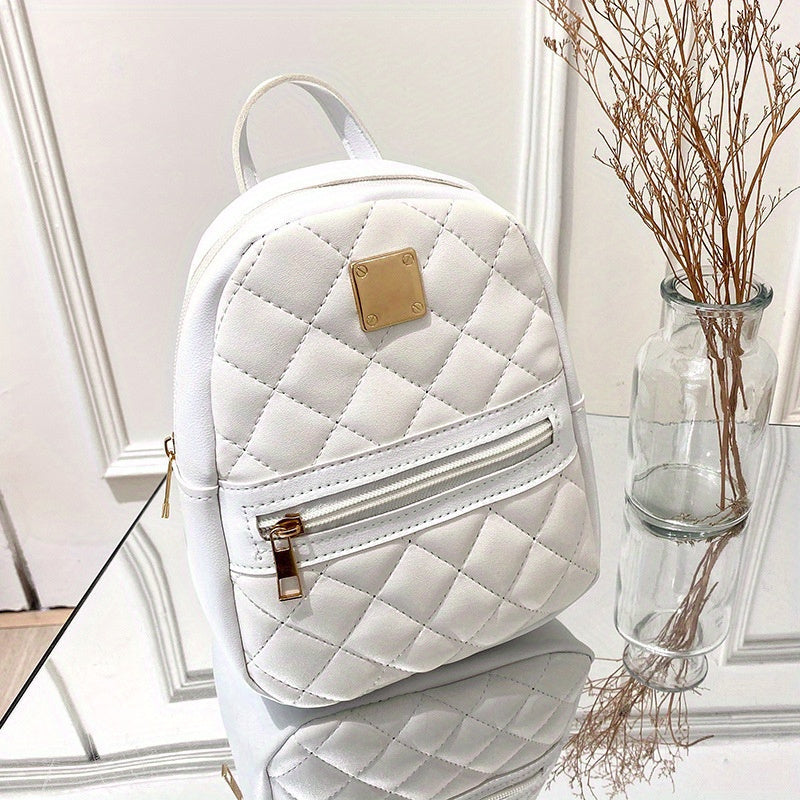 Fashion Lingge Quilted Women's Backpack - Elegant Faux Leather Mini Backpack with Polyester Lining and Zipper Closure for Girls, Available in White, Black, Pink, and Dark Brown