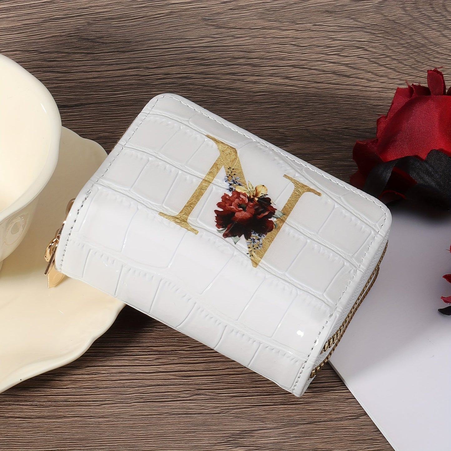 Floral Letter Pattern Credit Card Holder Small Business Card Case For Women Or Men Accordion Wallet With Zipper