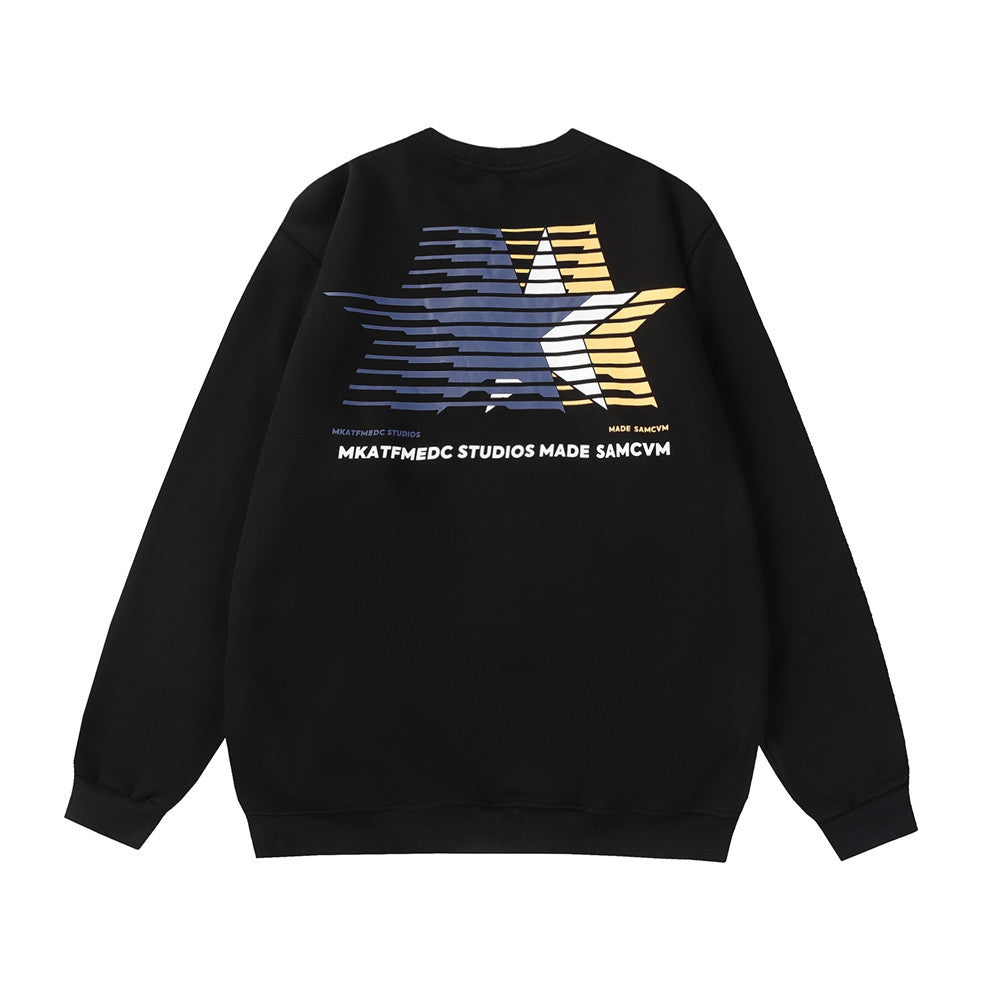 Street Fashion Loose Five-pointed Star Printing Fleece-lined Crew Neck Sweater