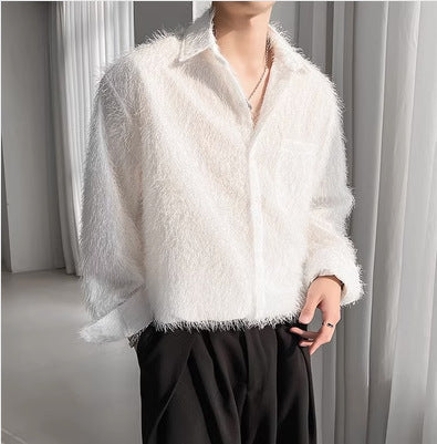 Shiny Solid Color Fine Wool Shirt Men's Long-sleeved Shirt