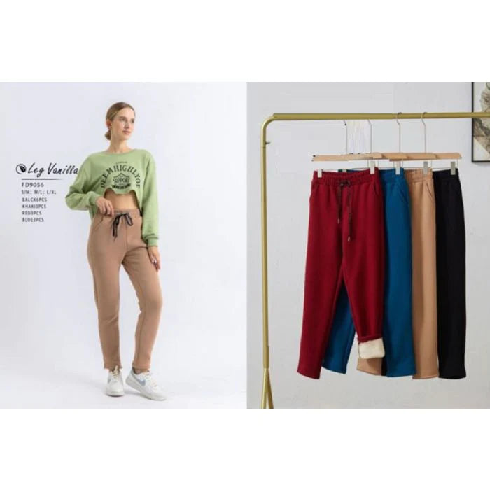 Pantaloni da donna in cotone e velluto spesso con peluche all'interno