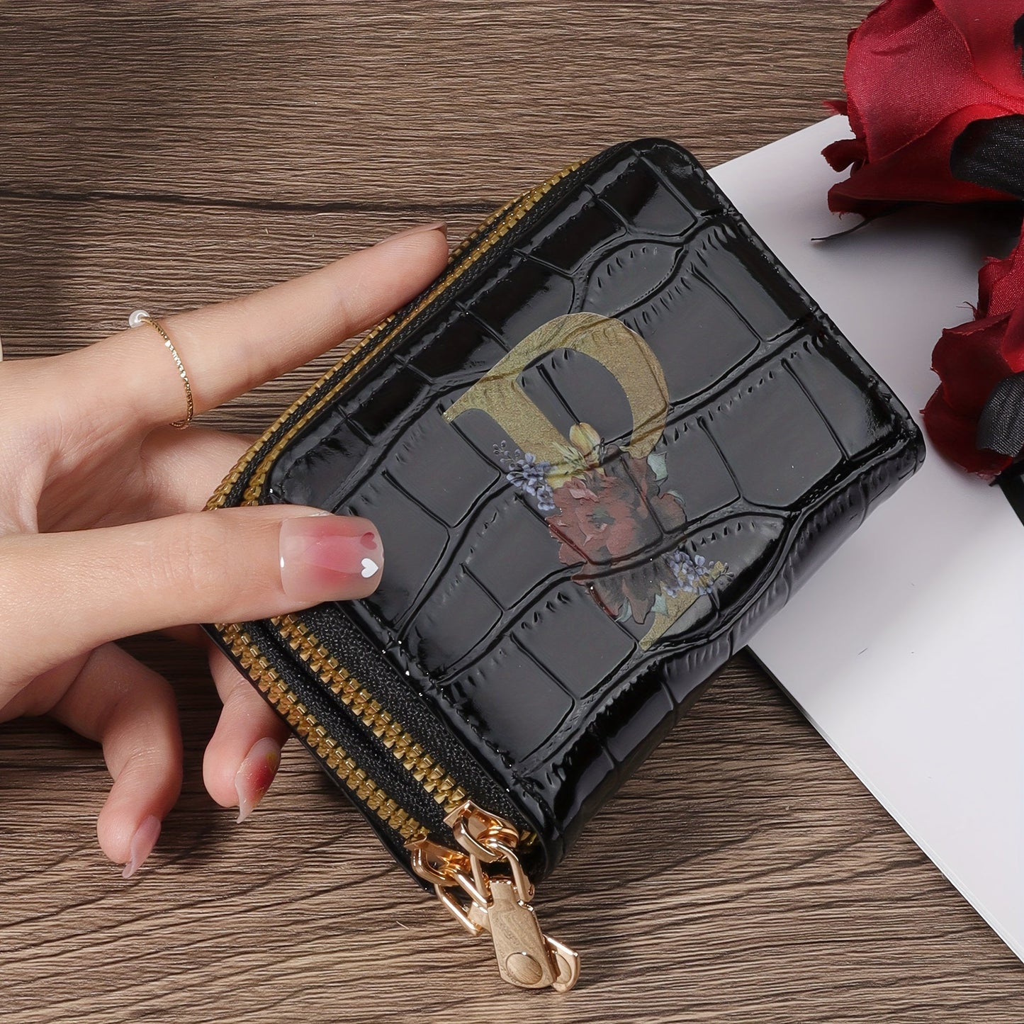 Floral Letter Pattern Credit Card Holder Small Business Card Case For Women Or Men Accordion Wallet With Zipper
