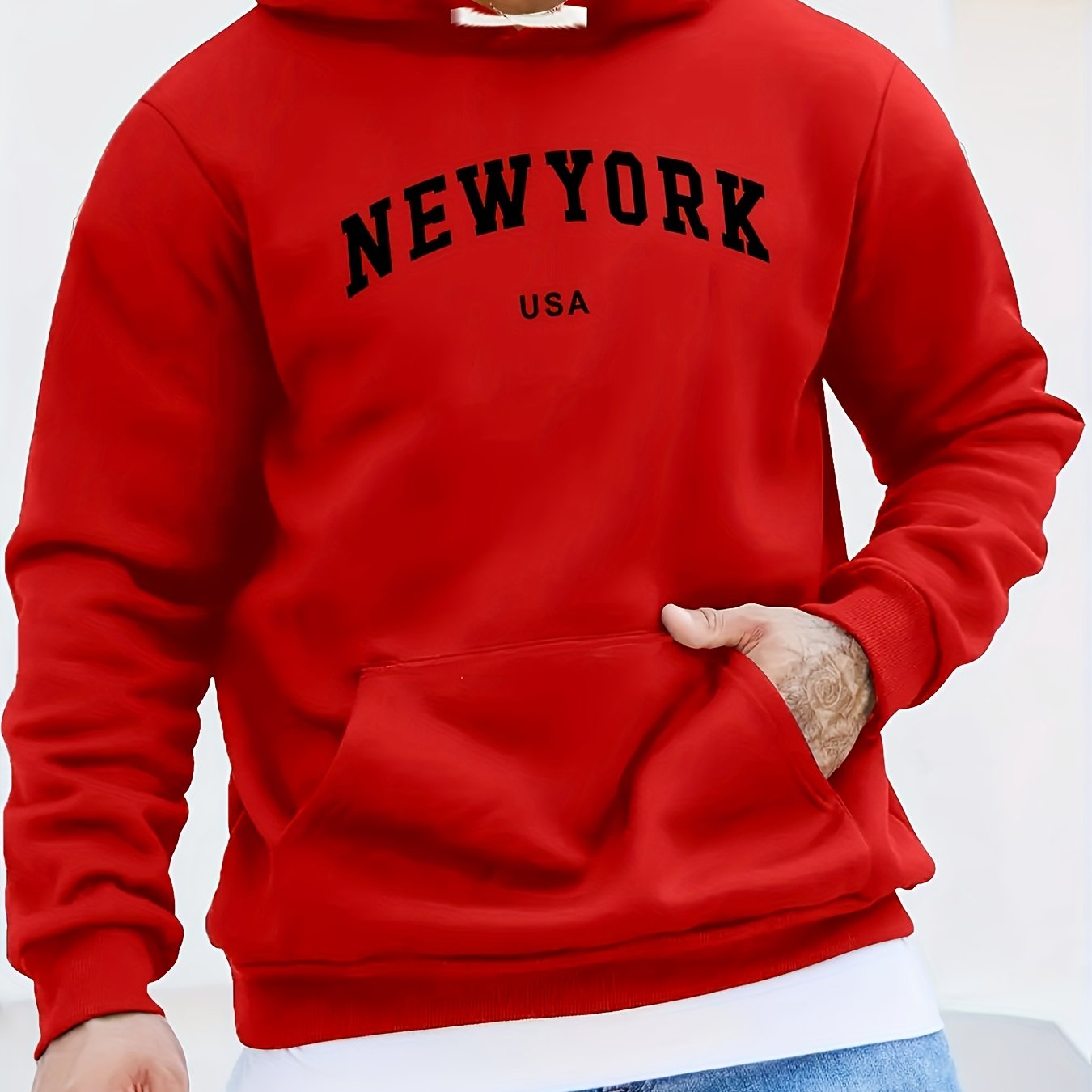 New York Print Kangaroo Pocket Hoodie, Casual Long Sleeve Hoodies Pullover Sweatshirt, Men's Clothing, For Fall Winter