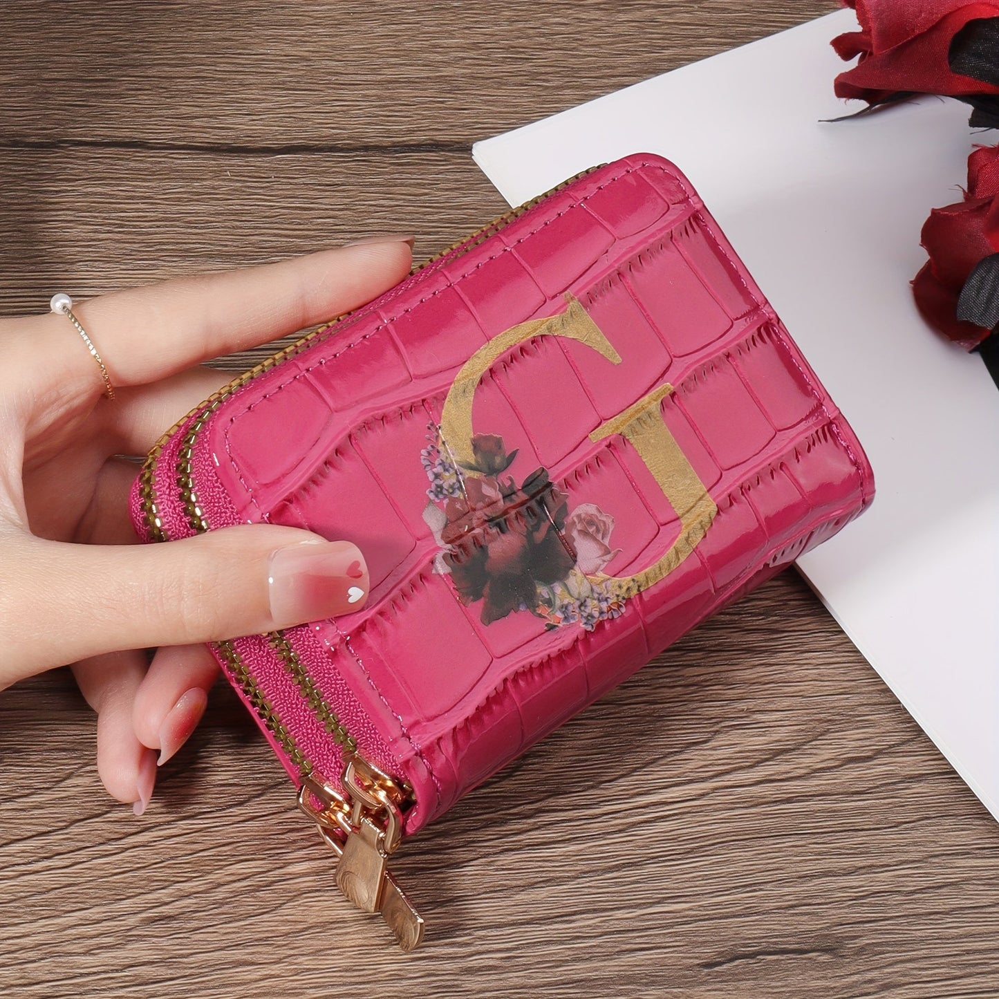 Floral Letter Pattern Credit Card Holder Small Business Card Case For Women Or Men Accordion Wallet With Zipper