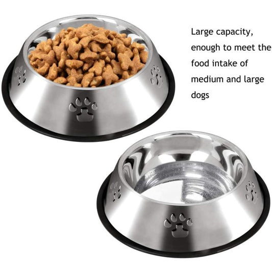 Set of 2 stainless steel dog and cat bowls with non-slip rubber base for water and food