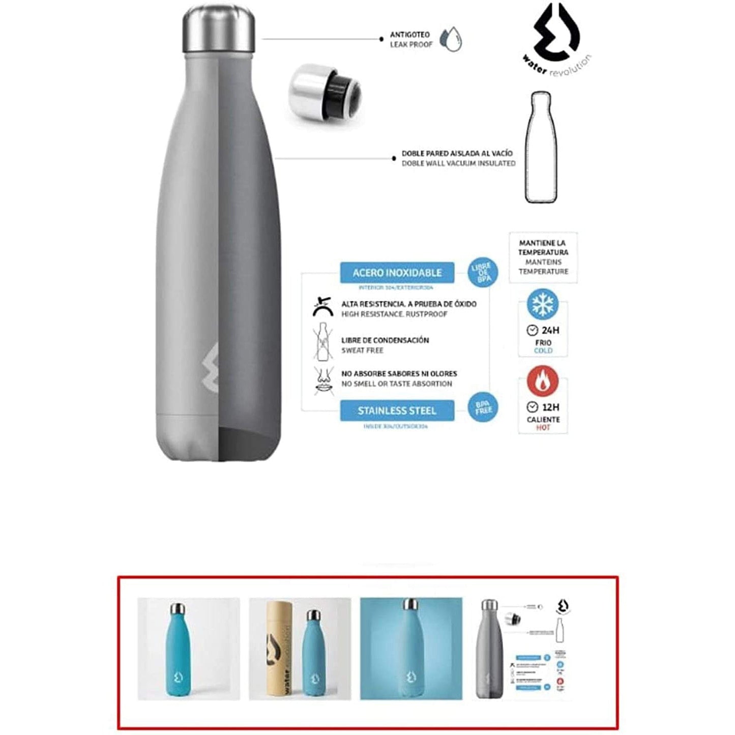 Borraccia termica acciaio inox 500 ml doppia parete isolate caldo freddo 2023