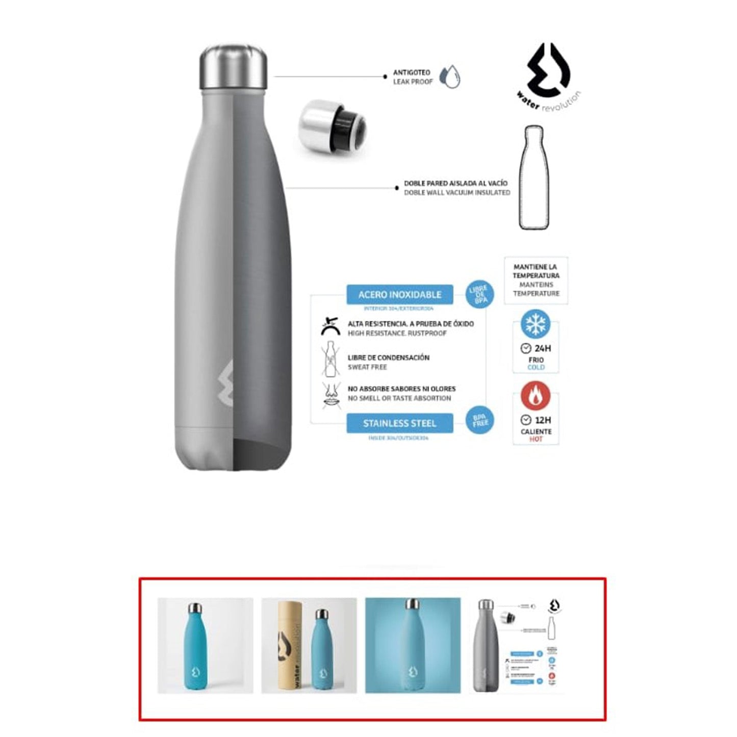 Borraccia termica acciaio inox 500 ml doppia parete isolate caldo freddo 2023