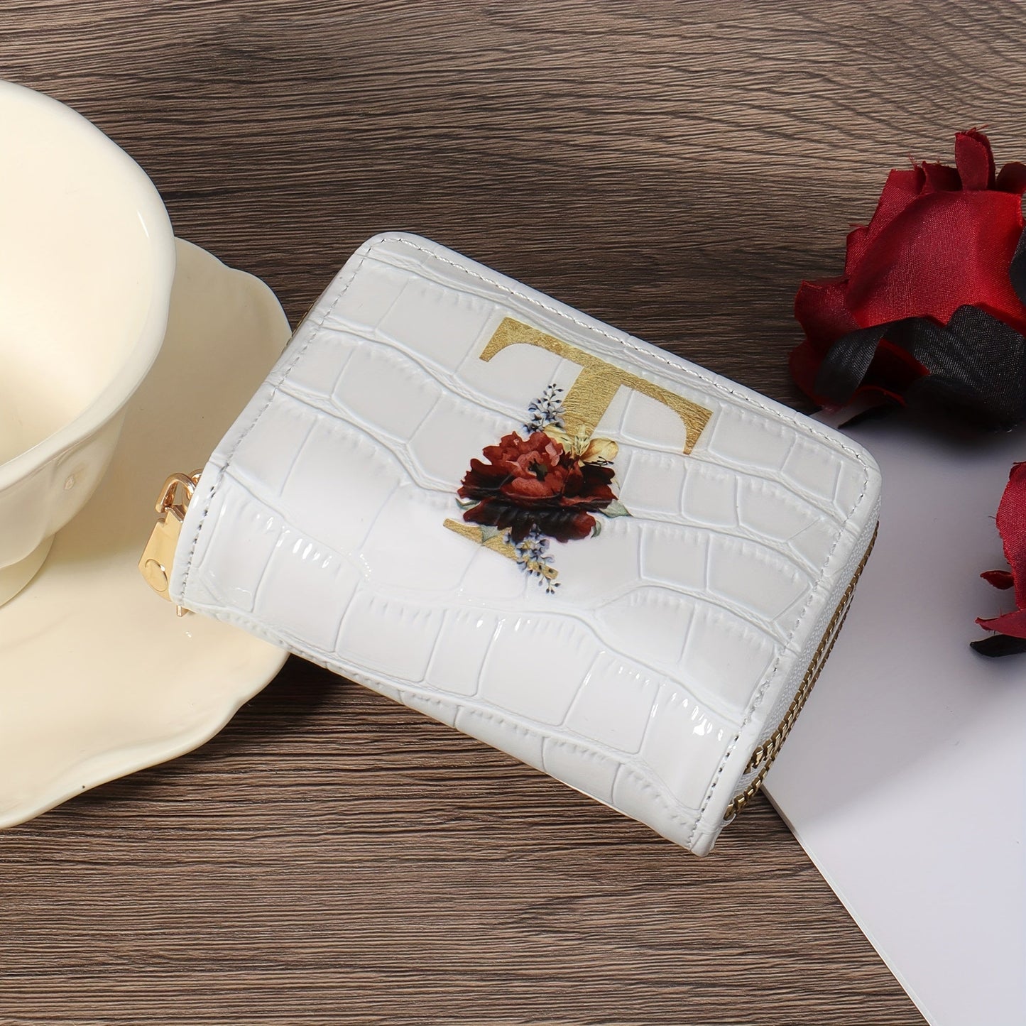 Floral Letter Pattern Credit Card Holder Small Business Card Case For Women Or Men Accordion Wallet With Zipper