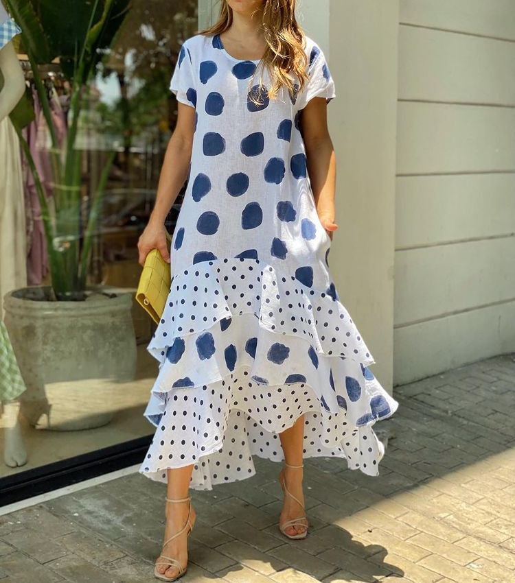 Round Neck Polka Dot Swing Long Dress Women