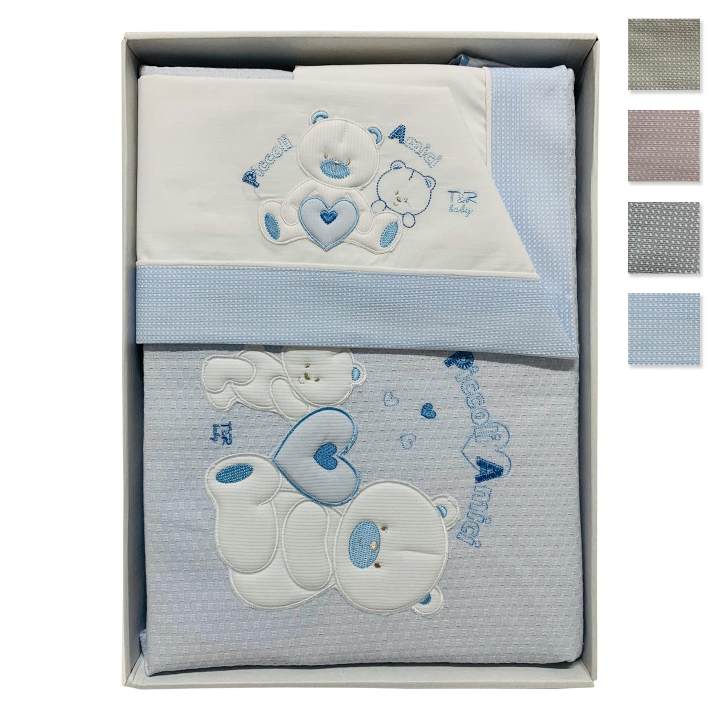 Coordinato culla in cotone ricamato Piccole Emozioni set 4pz con copertina 2589