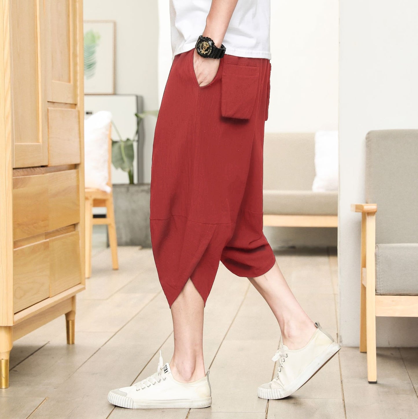 Men's Cropped Tapered Cotton Linen Harem Ethnic Floral Pants