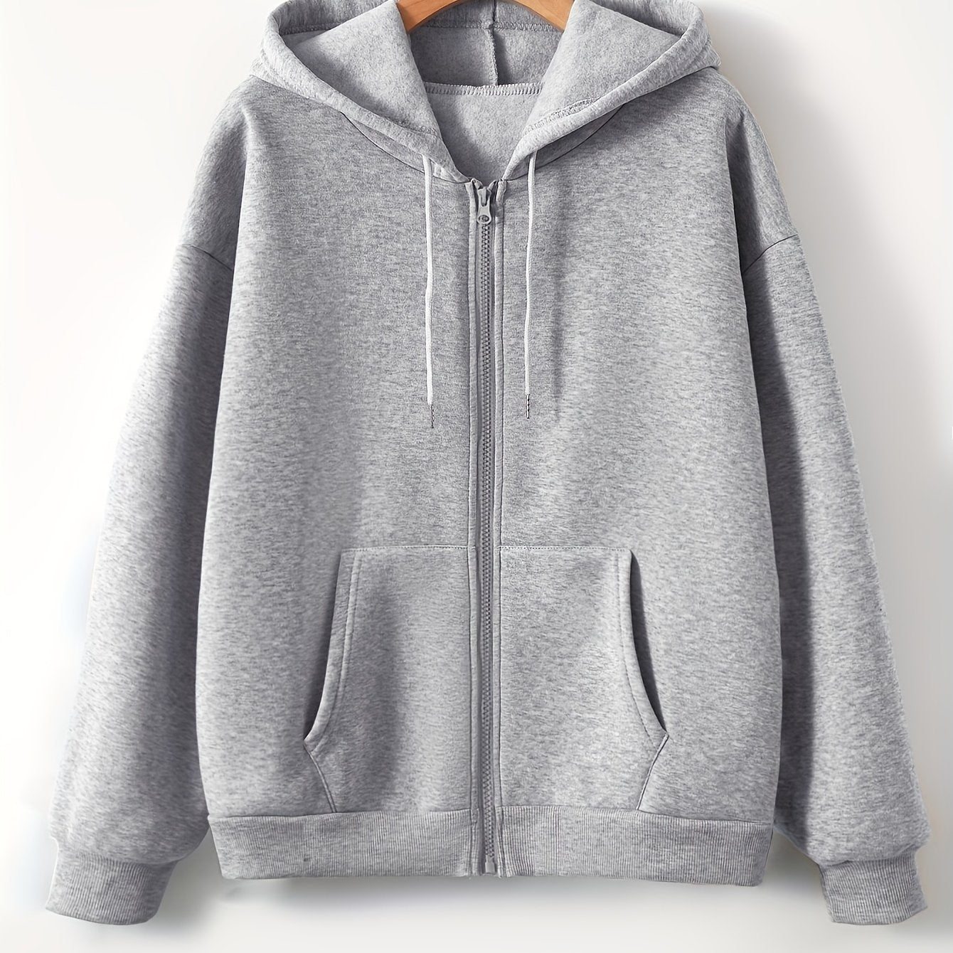 Women's Basic Solid Color Zip-Up Hoodie With Drawstrings, Comfortable Plush Lined Warm Hooded Sweatshirt For Fall & Winter