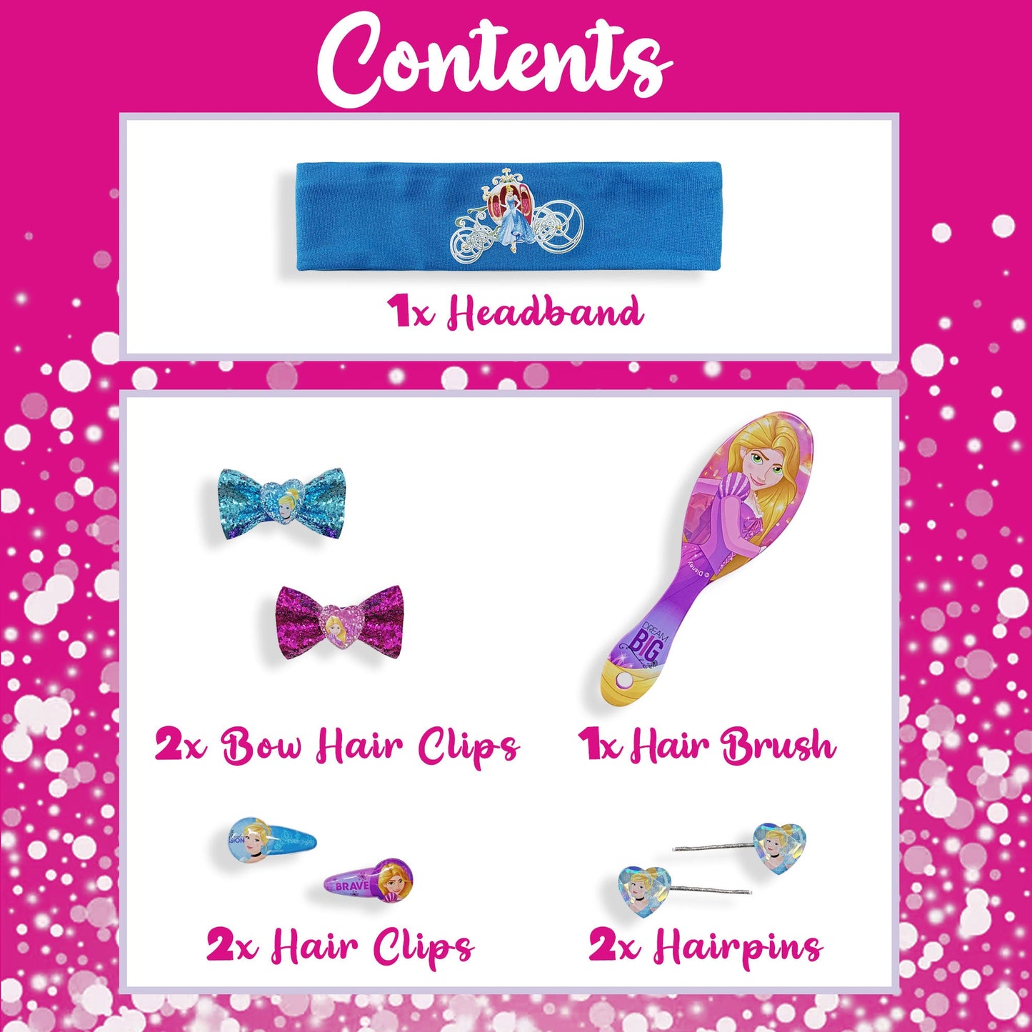Accessori per capelli Disney Principesse kit 8 pz spazzola fermagli 2704
