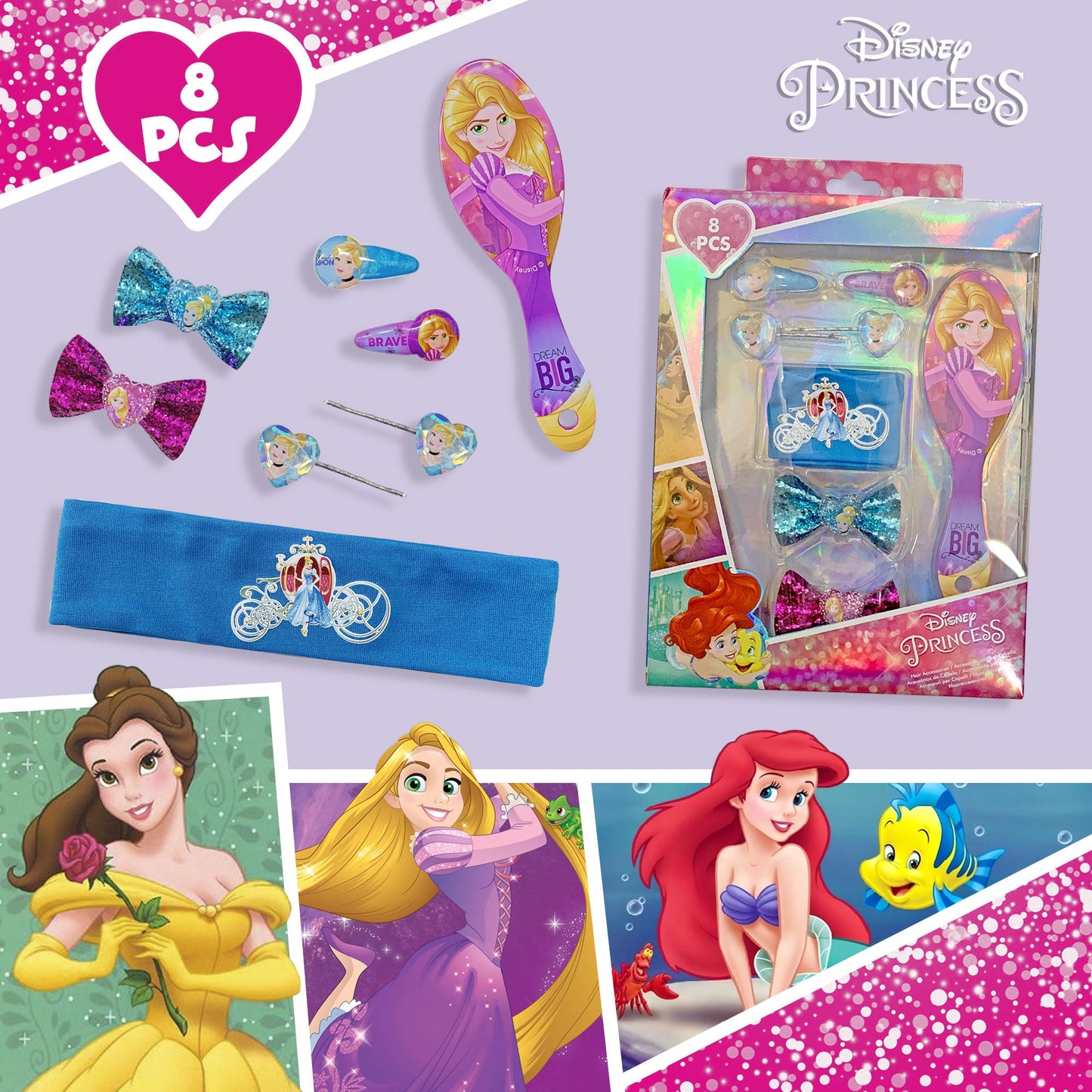 Accessori per capelli Disney Principesse kit 8 pz spazzola fermagli 2704