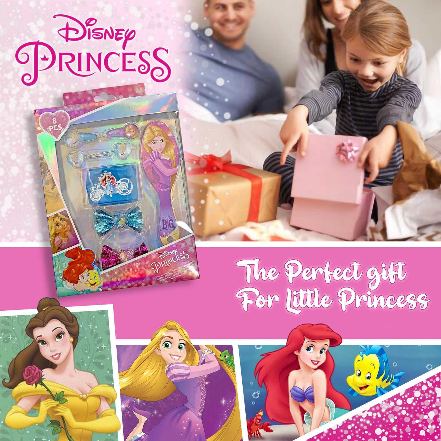 Accessori per capelli Disney Principesse kit 8 pz spazzola fermagli 2704