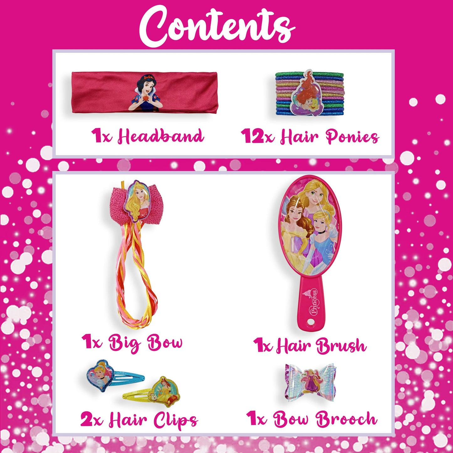 Accessori per capelli Disney Principesse kit 18 pz spazzola fermagli 2705