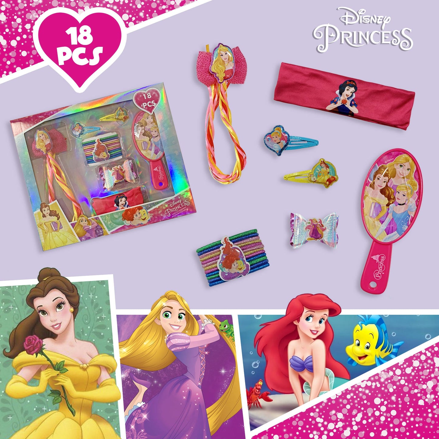 Accessori per capelli Disney Principesse kit 18 pz spazzola fermagli 2705