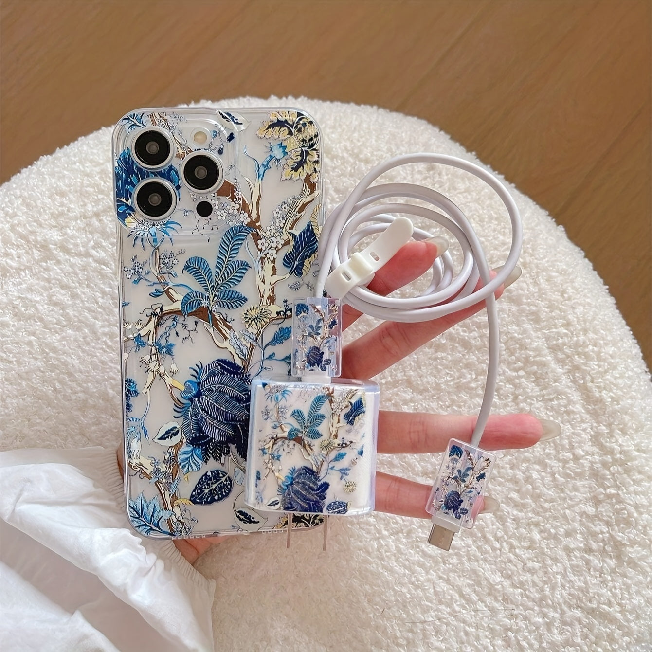 5-Piece Set of Vintage Plant And Flower Pattern Phone Cases, Data Cable Protectors And Fast Charging Adapter Covers, Compatible with Iphone 11/11PRO/11PROMAX/12/12PRO/12PROMAX/13/13PRO/13PROMAX/14/14PRO/14+/14PROMAX/15/15PRO/15+/15PROMAX