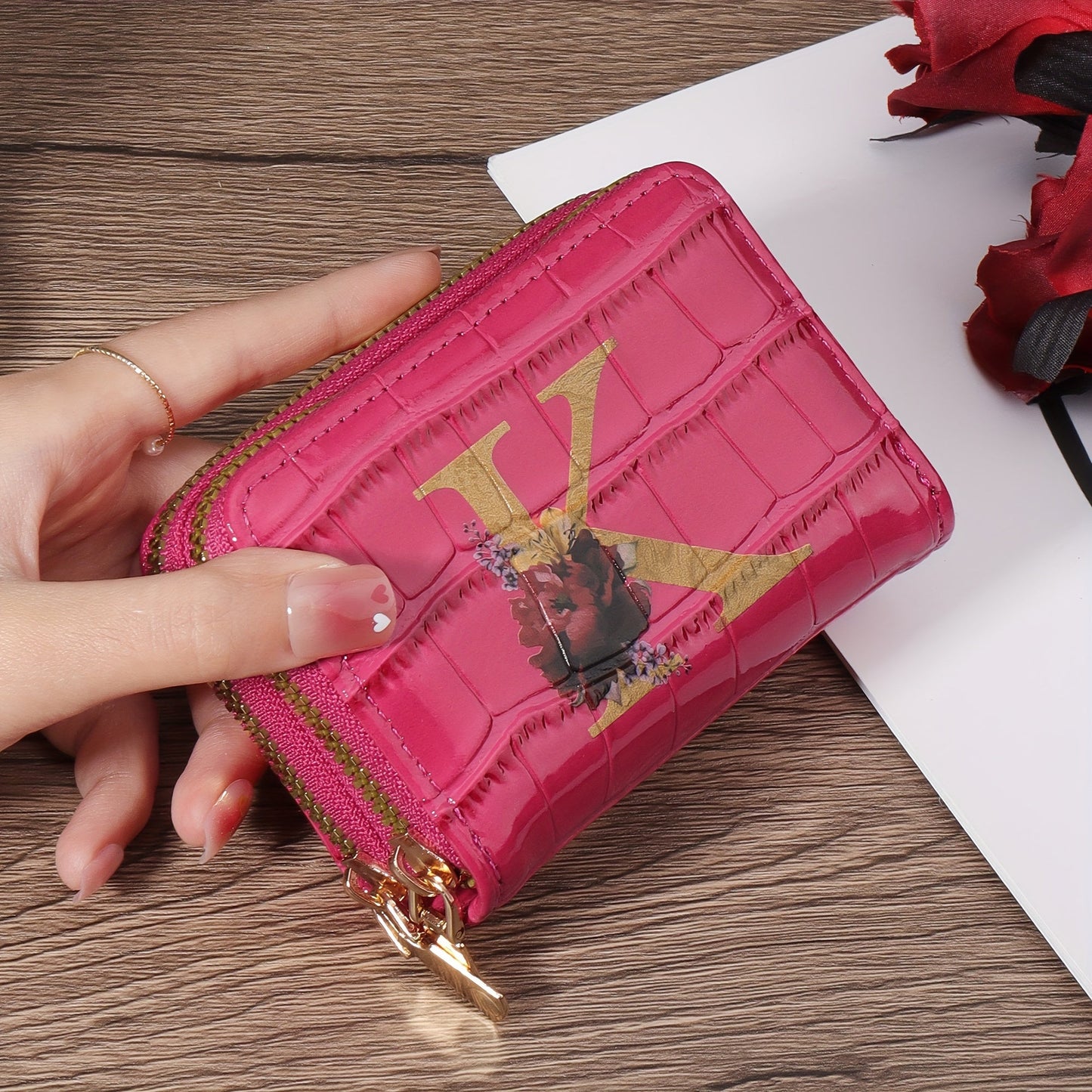 Floral Letter Pattern Credit Card Holder Small Business Card Case For Women Or Men Accordion Wallet With Zipper