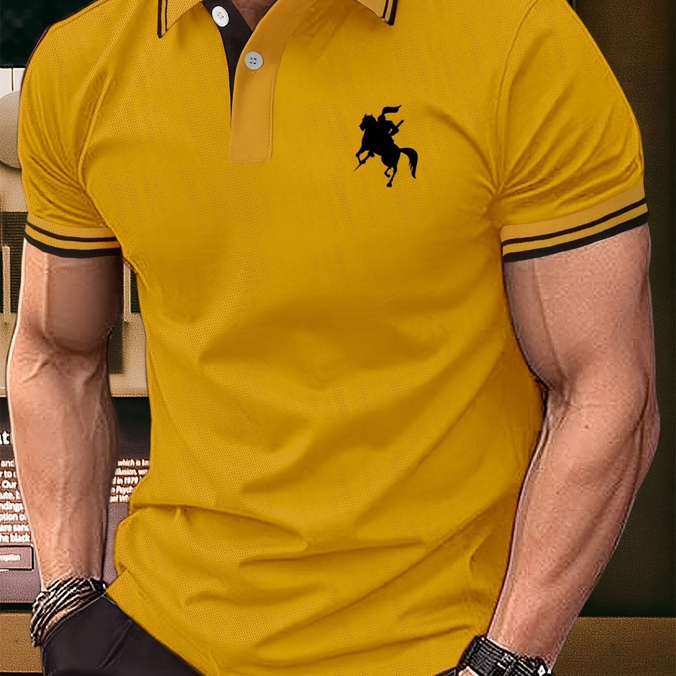 Men's Summer Fashion, Horse Riding Knight Pattern Short Sleeve Lapel Collar Henley Shirt, Chic And Trendy Golf Tops For Business And Outdoors Sports Wear
