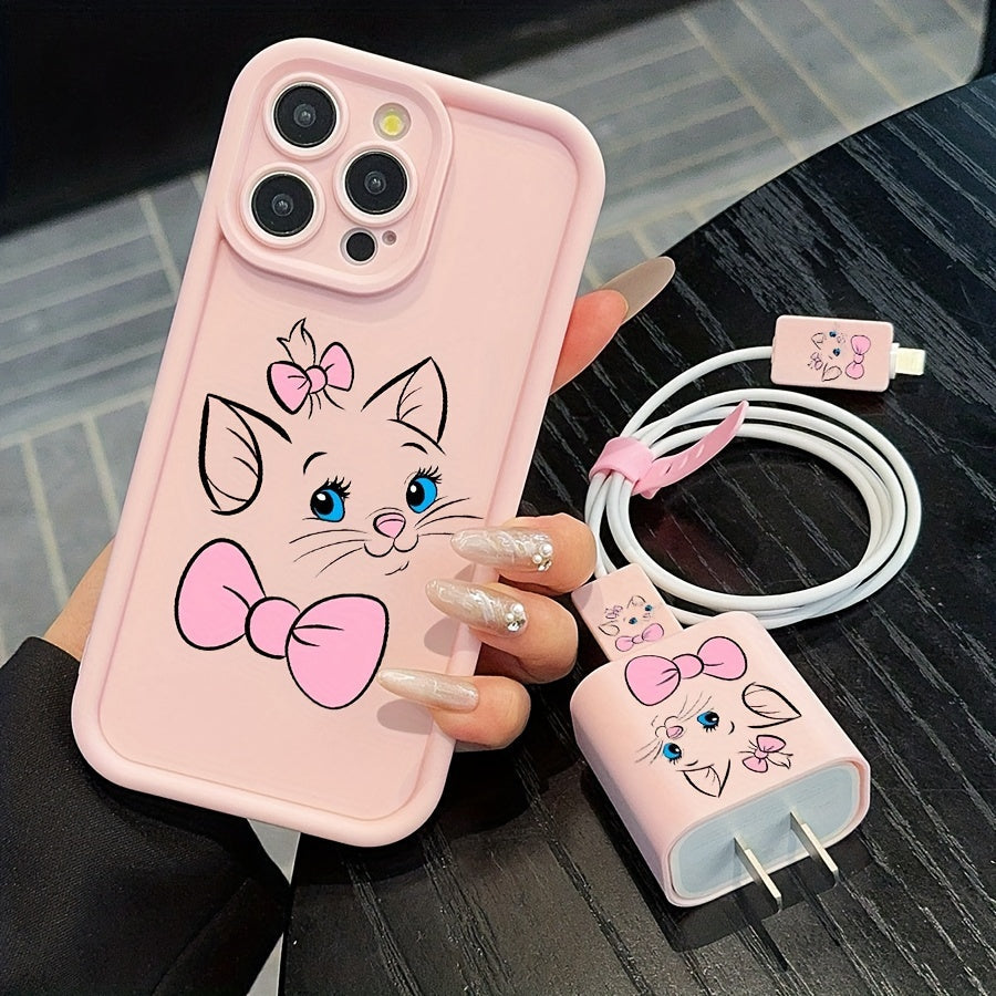 5pcs Set Chic Pink Cartoon Animal & Cat Bow Phone Cases + Data Cable Protector, Compatible with Fast Charging for iPhone 11/12/13/13 Pro Max/14/14 Pro/14 Plus/14 Pro Max/15/15 Pro/15 Plus/15 Pro Max/16/16 Pro/6s Plus