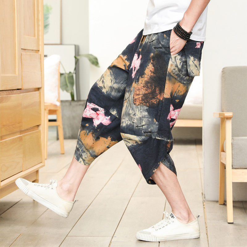 Men's Cropped Tapered Cotton Linen Harem Ethnic Floral Pants