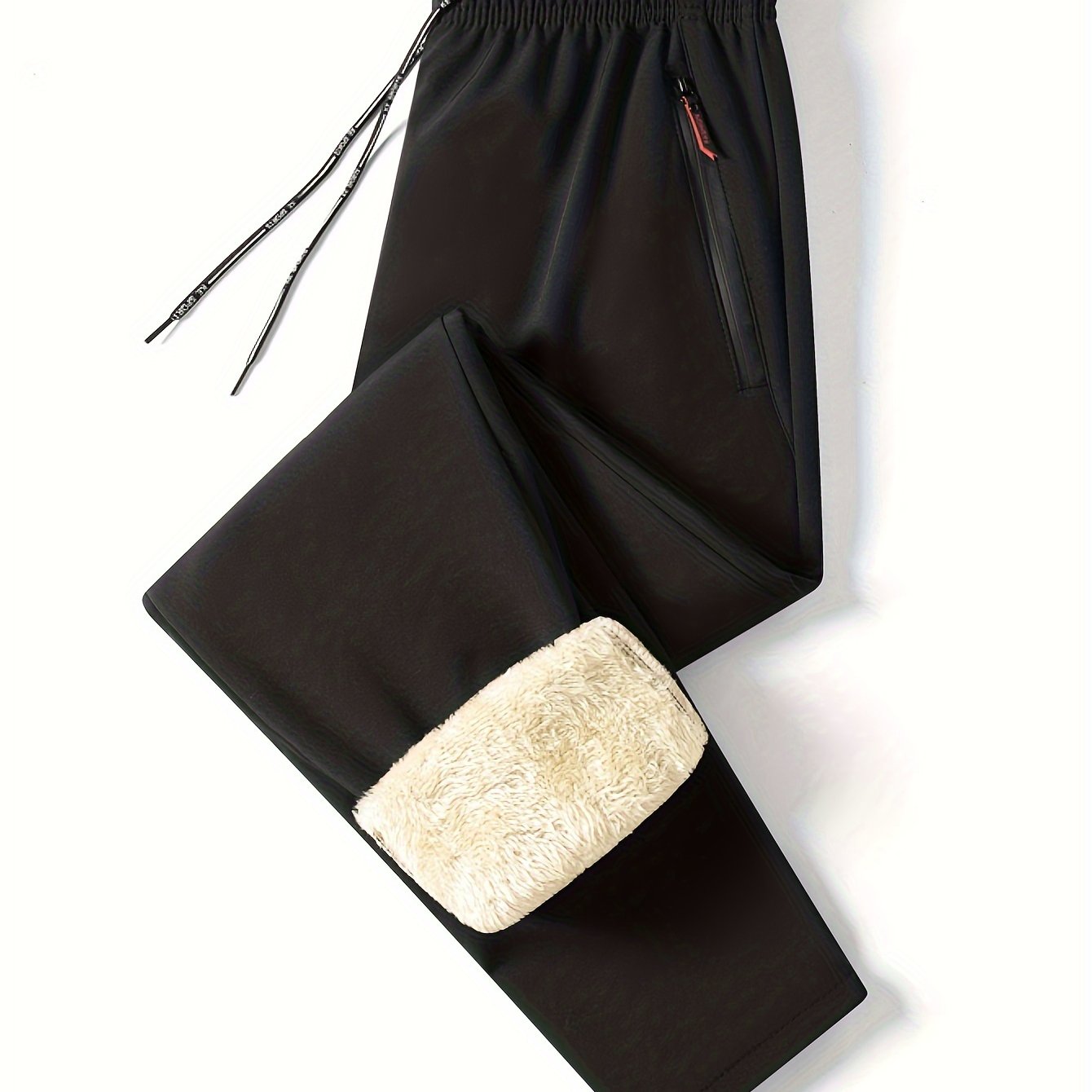 1pc Men'S Winter Fleece-Lined Casual Pants, Solid Color Polyester Non-Stretch Woven with Zipper Details, Regular Fit Adult Weekend Trousers, Basic Style Regular Length, Thick