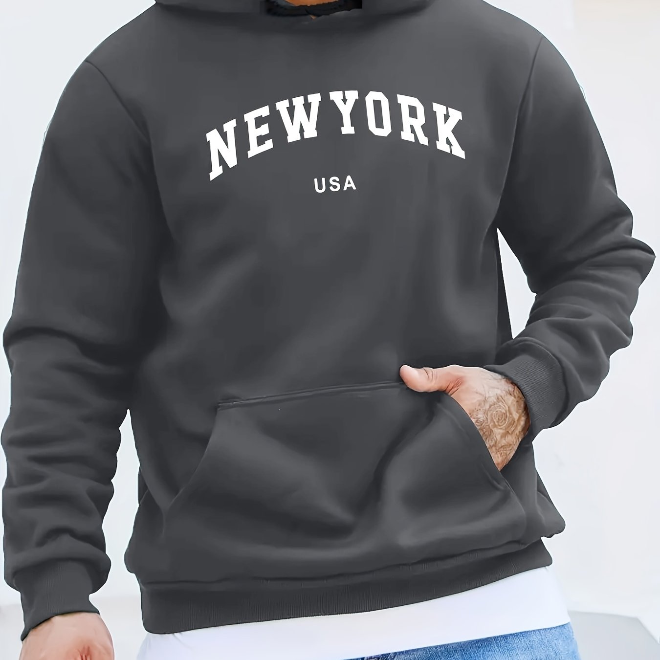 New York Print Kangaroo Pocket Hoodie, Casual Long Sleeve Hoodies Pullover Sweatshirt, Men's Clothing, For Fall Winter